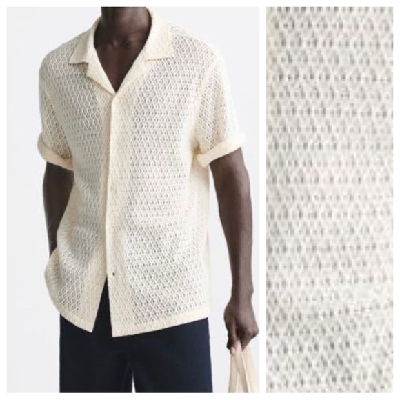 NWT. Zara Man Yellow-White Cotton Crochet Lace Diamond Pattern Shirt. Size L. - Picture 1 of 10